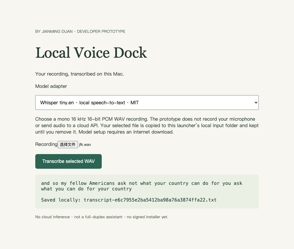 Local Voice Dock prototype showing a completed Whisper tiny.en recording transcription on the developer Mac
